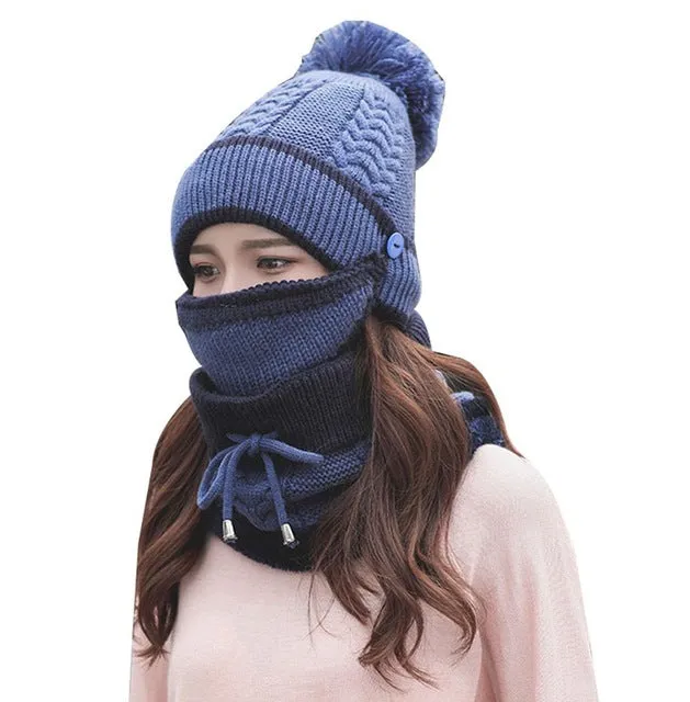 2017 Women Hat Scarf Winter Sets Cap Mask Collar Face Protection Girls Cold Weather Accessory Women Ball Caps Scarf Knitted Wool