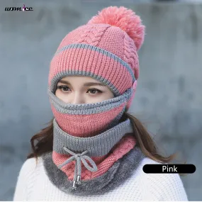 2017 Women Hat Scarf Winter Sets Cap Mask Collar Face Protection Girls Cold Weather Accessory Women Ball Caps Scarf Knitted Wool