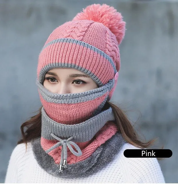 2017 Women Hat Scarf Winter Sets Cap Mask Collar Face Protection Girls Cold Weather Accessory Women Ball Caps Scarf Knitted Wool