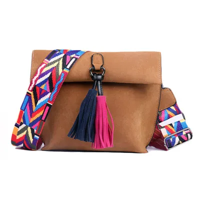 2018 New Women Scrub Leather Design Crossbody Bag Girls With Tassel Colorful Strap Shoulder Bag Female Small Flap Handbag