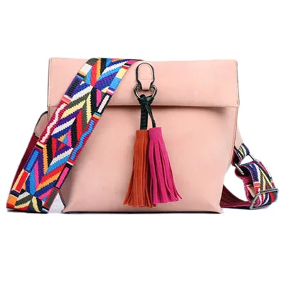 2018 New Women Scrub Leather Design Crossbody Bag Girls With Tassel Colorful Strap Shoulder Bag Female Small Flap Handbag