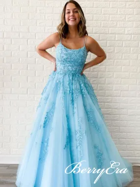 2021 Popular Blue Lace Prom Dresses, A-line Prom Dresses, Lace Prom Dresses