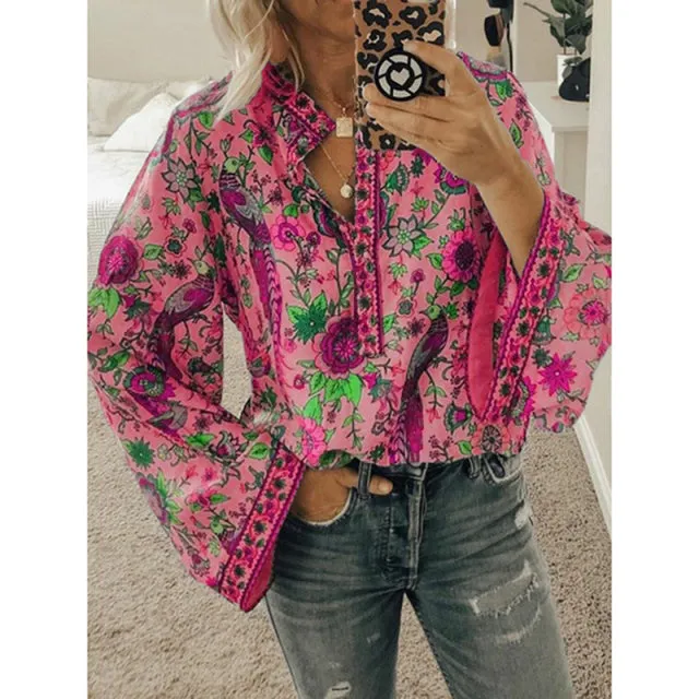 2022 Women Boho Print Blouses Casual Loose Tops Stand V Neck Long Sleeves Button Blouse