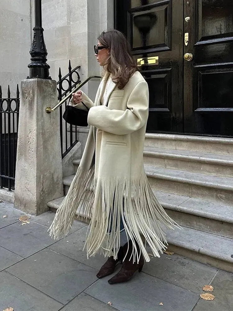 2023 Autumn New Solid Tassel Woolen Blends Coat Women  Fashion  Overcoats