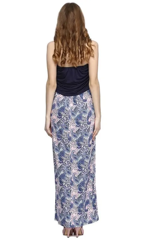 39158 Striped Strapless Maxi Dress - Navy