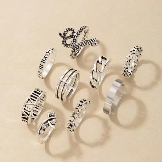 9pcs/sets vintage Snake Joint Ring Sets inspired by Bohemian style