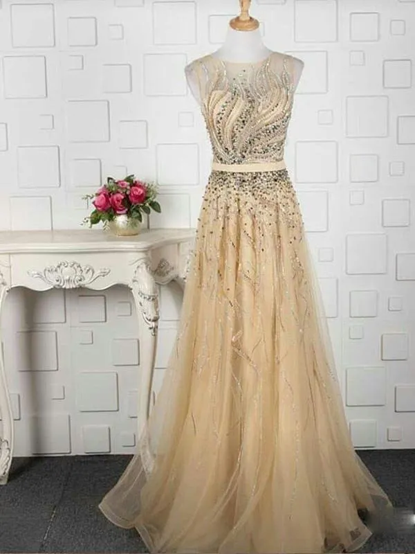 A-line Beaded Tulle Evening Dresses ,Cheap Prom Dresses,PDY0608