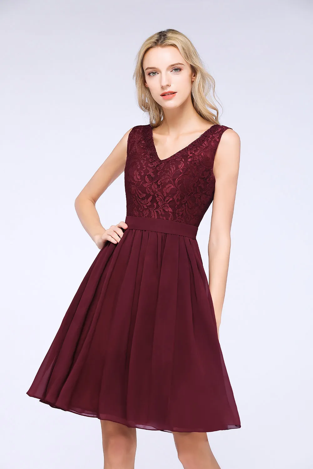 A-Line Chiffon Lace V-Neck Sleeveless Short Bridesmaid Dress with Ruffles