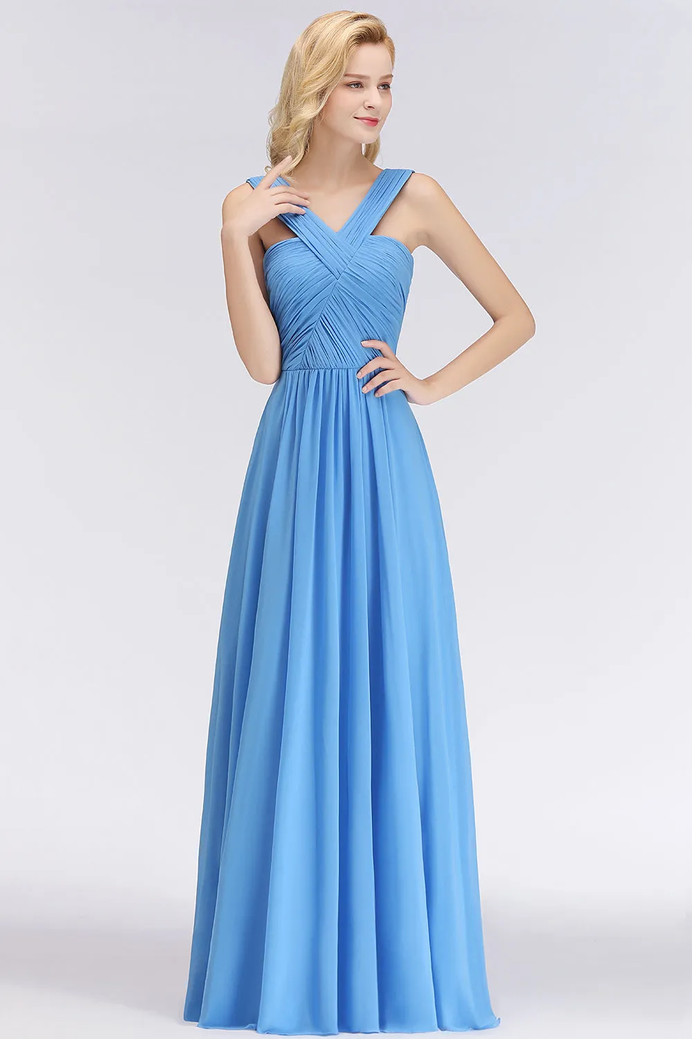 A-Line Chiffon Straps Backless Ruffles Long Bridesmaid Dresses