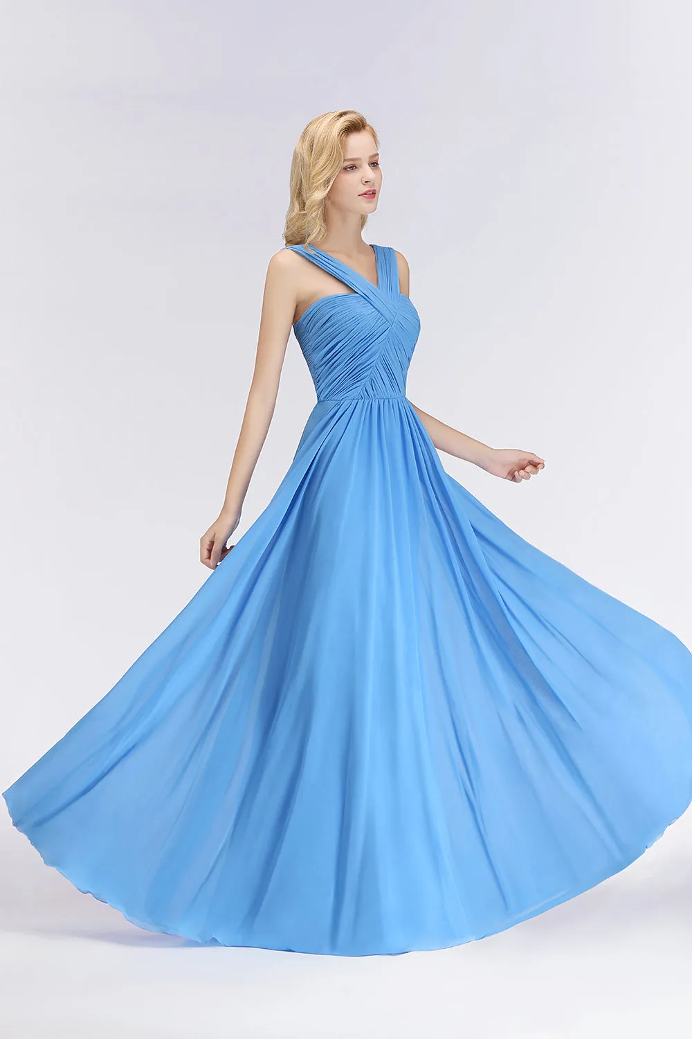 A-Line Chiffon Straps Backless Ruffles Long Bridesmaid Dresses