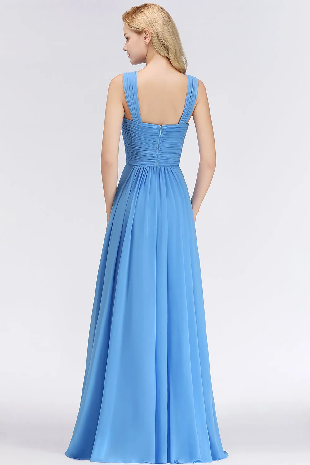 A-Line Chiffon Straps Backless Ruffles Long Bridesmaid Dresses