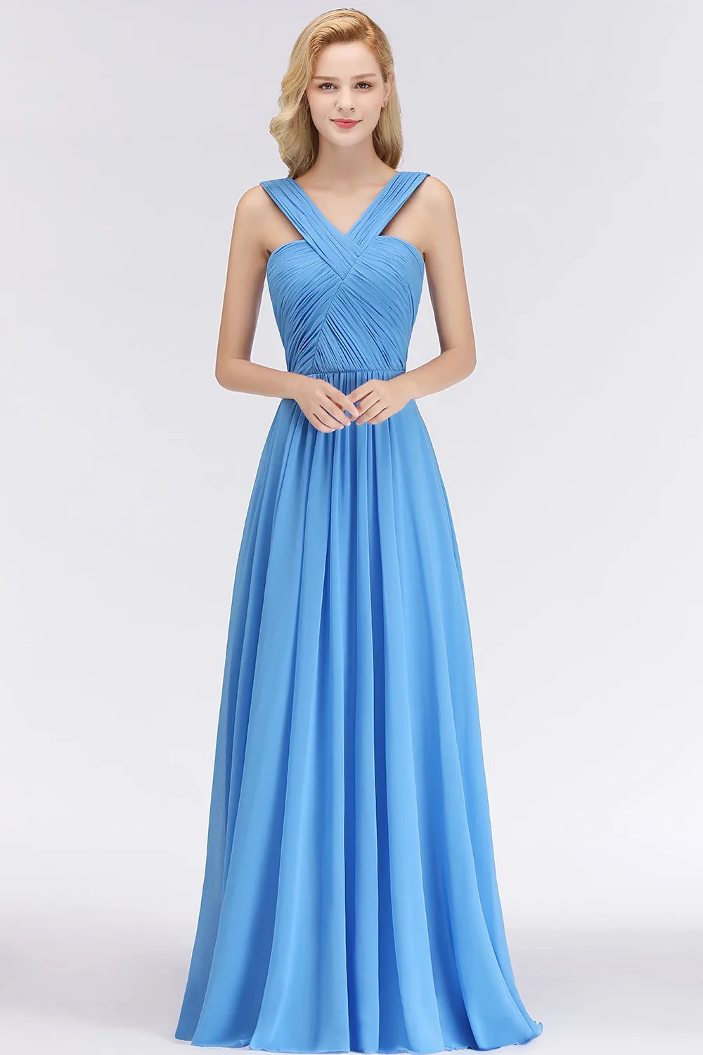 A-Line Chiffon Straps Backless Ruffles Long Bridesmaid Dresses