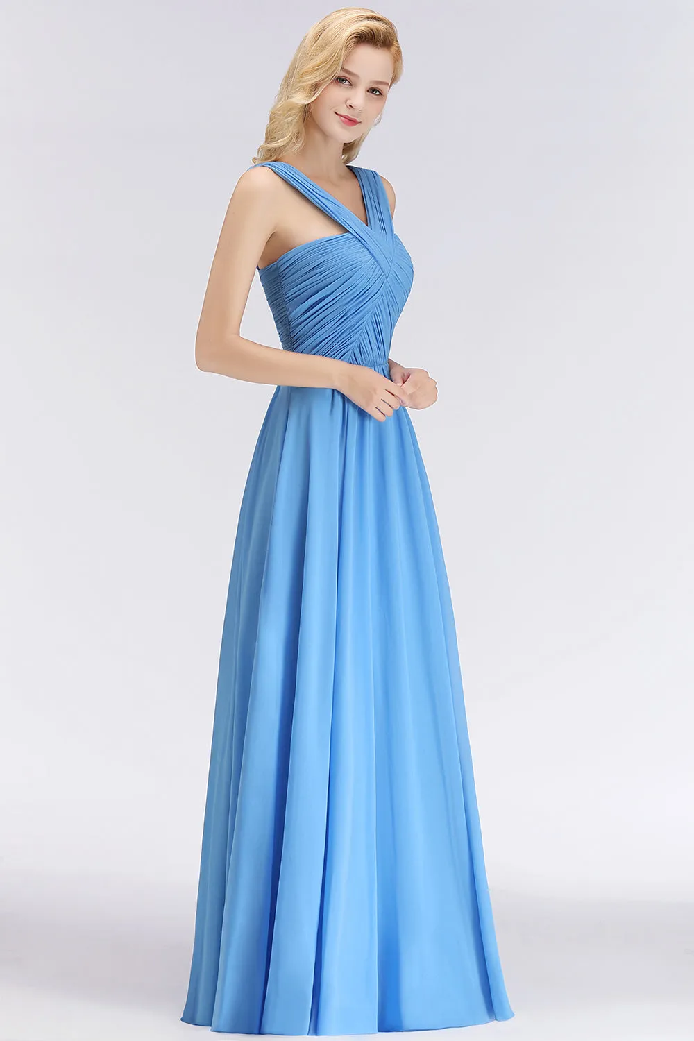 A-Line Chiffon Straps Backless Ruffles Long Bridesmaid Dresses