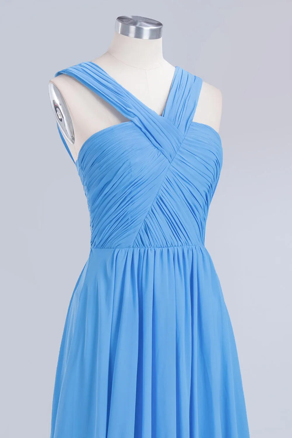 A-Line Chiffon Straps Backless Ruffles Long Bridesmaid Dresses