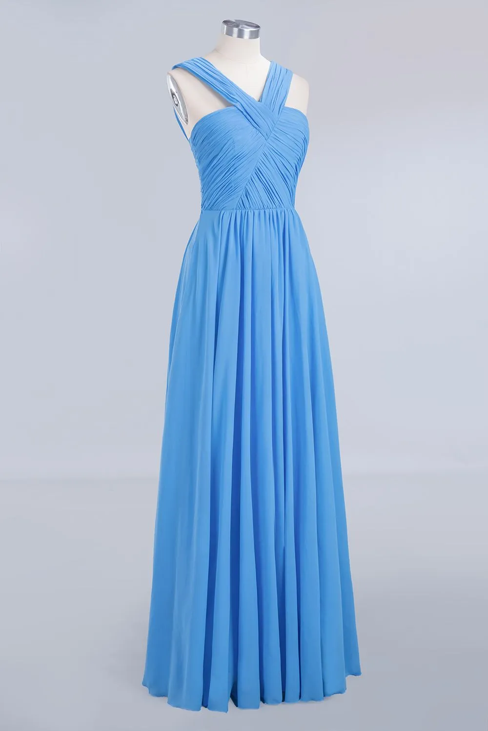 A-Line Chiffon Straps Backless Ruffles Long Bridesmaid Dresses