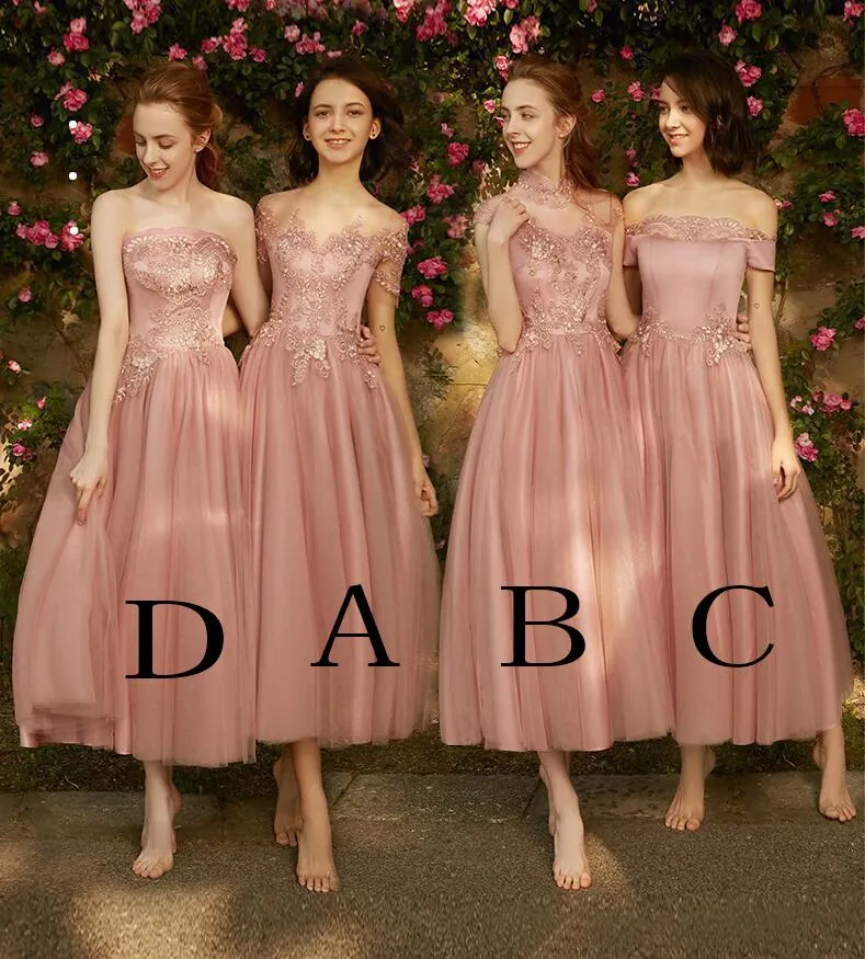 A line Dusty Pink Short Sleeve Bridesmaid Dresses Lace Tulle Prom Dresses JS807