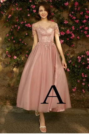 A line Dusty Pink Short Sleeve Bridesmaid Dresses Lace Tulle Prom Dresses JS807