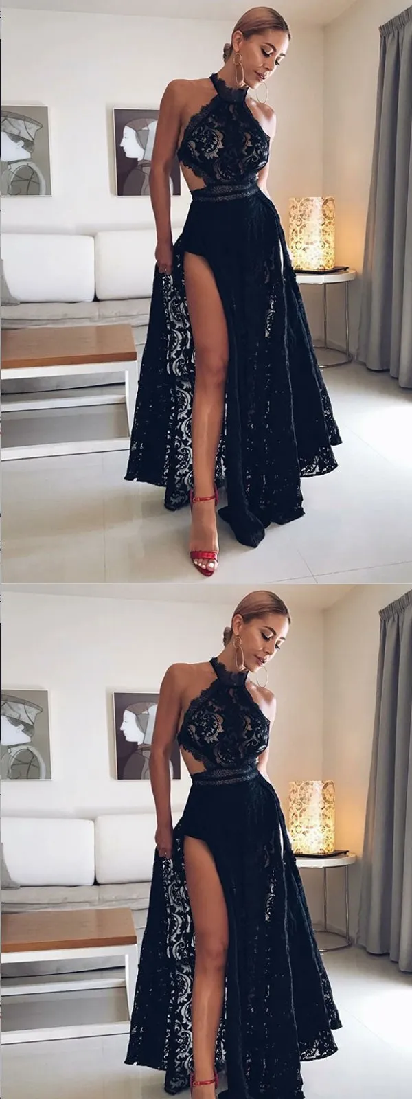 A-Line Halter Floor Length Open Back Split Black Lace Prom Dresses,Cheap Prom Dress,PDY0385