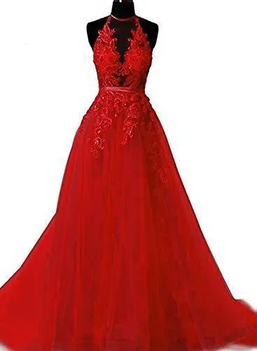 A-line Red Tulle Beaded Lace Long Prom Dress ,Cheap Prom Dresses,PDY0404