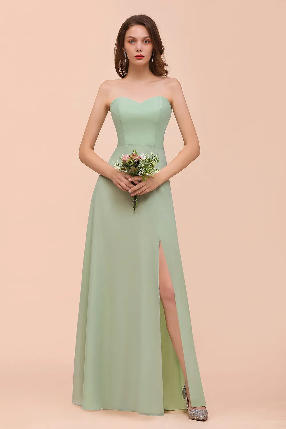 A-Line Sweetheart Chiffon Long Bridesmaid Dress with Slit