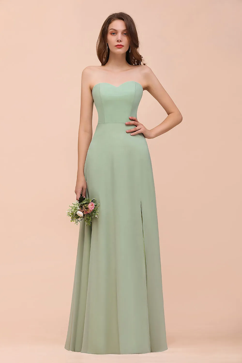 A-Line Sweetheart Chiffon Long Bridesmaid Dress with Slit