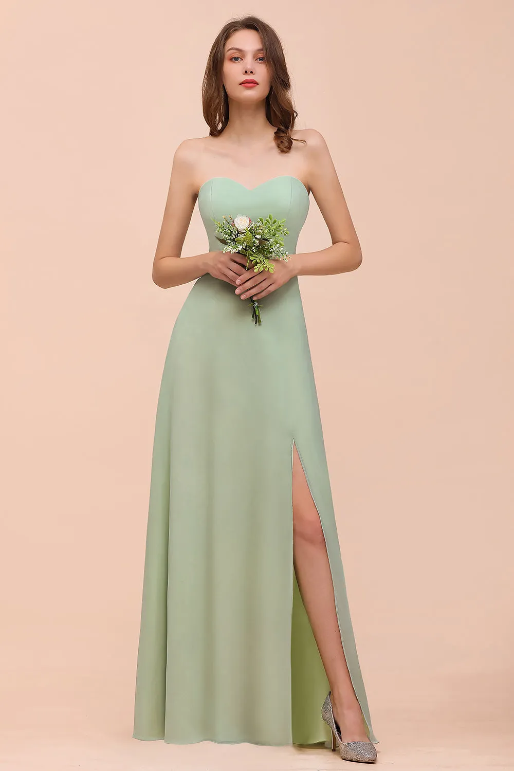 A-Line Sweetheart Chiffon Long Bridesmaid Dress with Slit