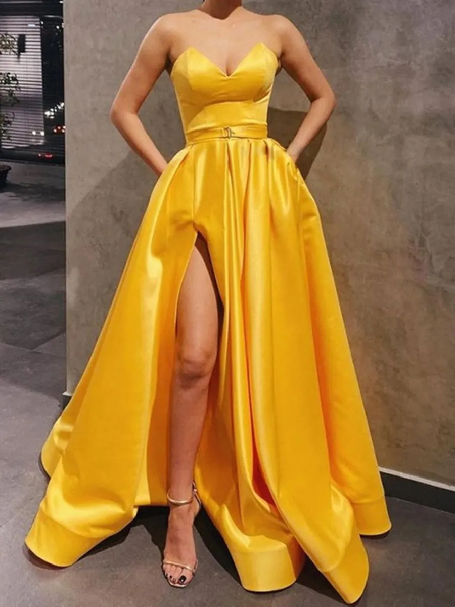 A-line Sweetheart Satin Graduation Prom Dresses Long Formal Gowns with Slit