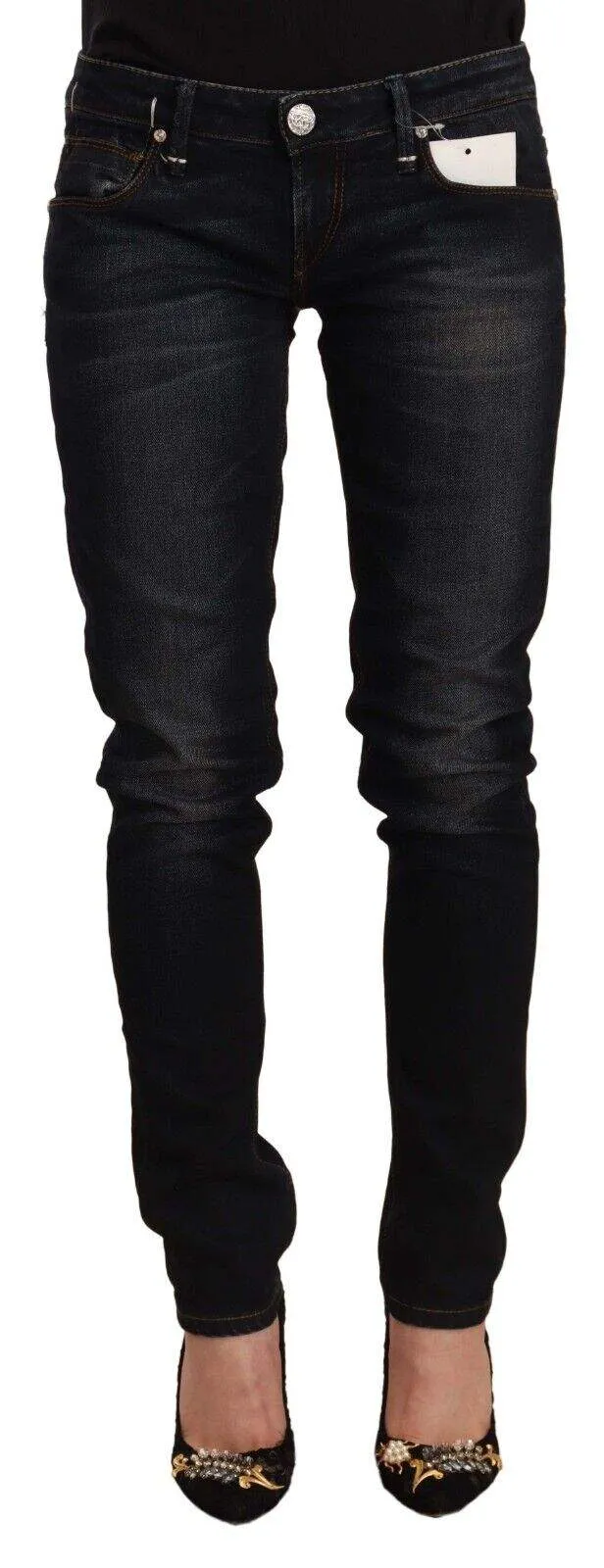 Acht Black Washed Cotton Low Waist Slim Fit Denim Jeans