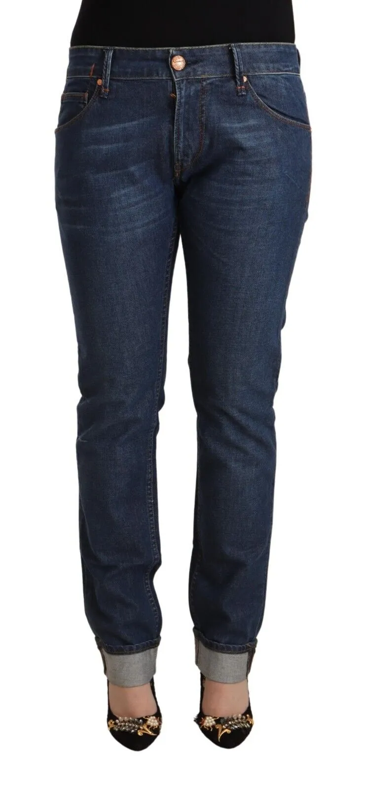 Acht Dark Blue Cotton Slim Fit Folded Hem Denim Jeans