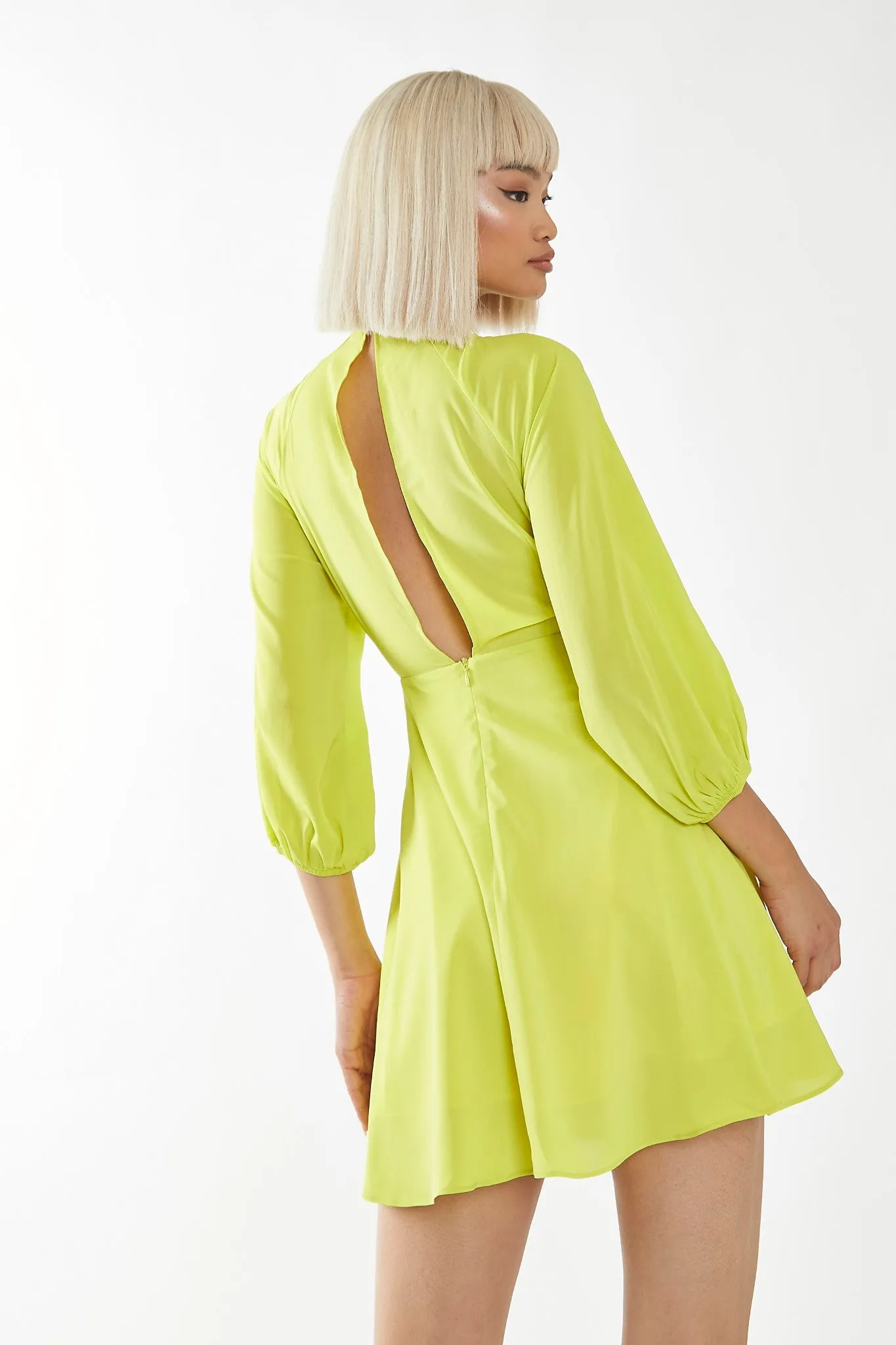 Acid-Yellow High Neck Open Back Mini-Dress