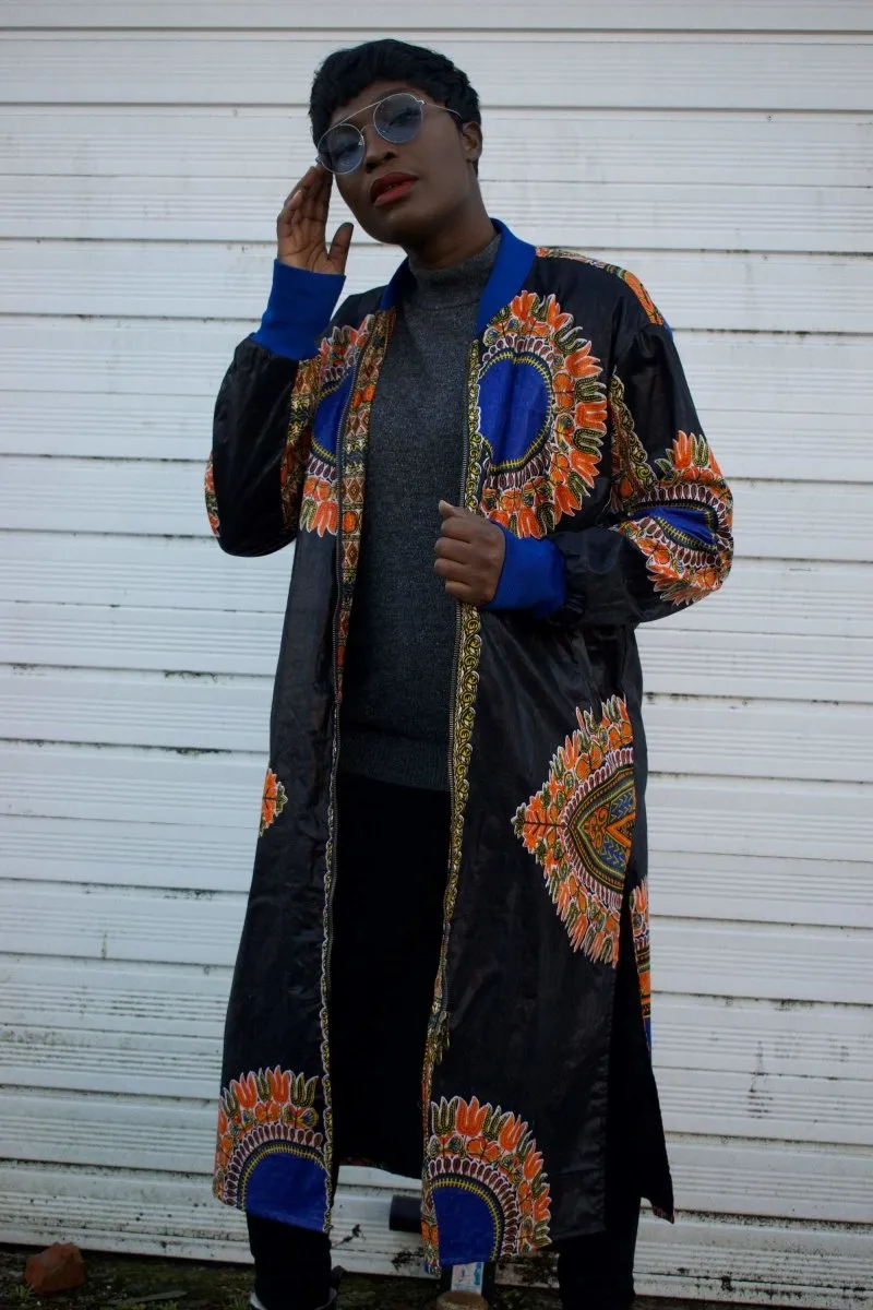 African Trench Coat in Black Dashiki Print