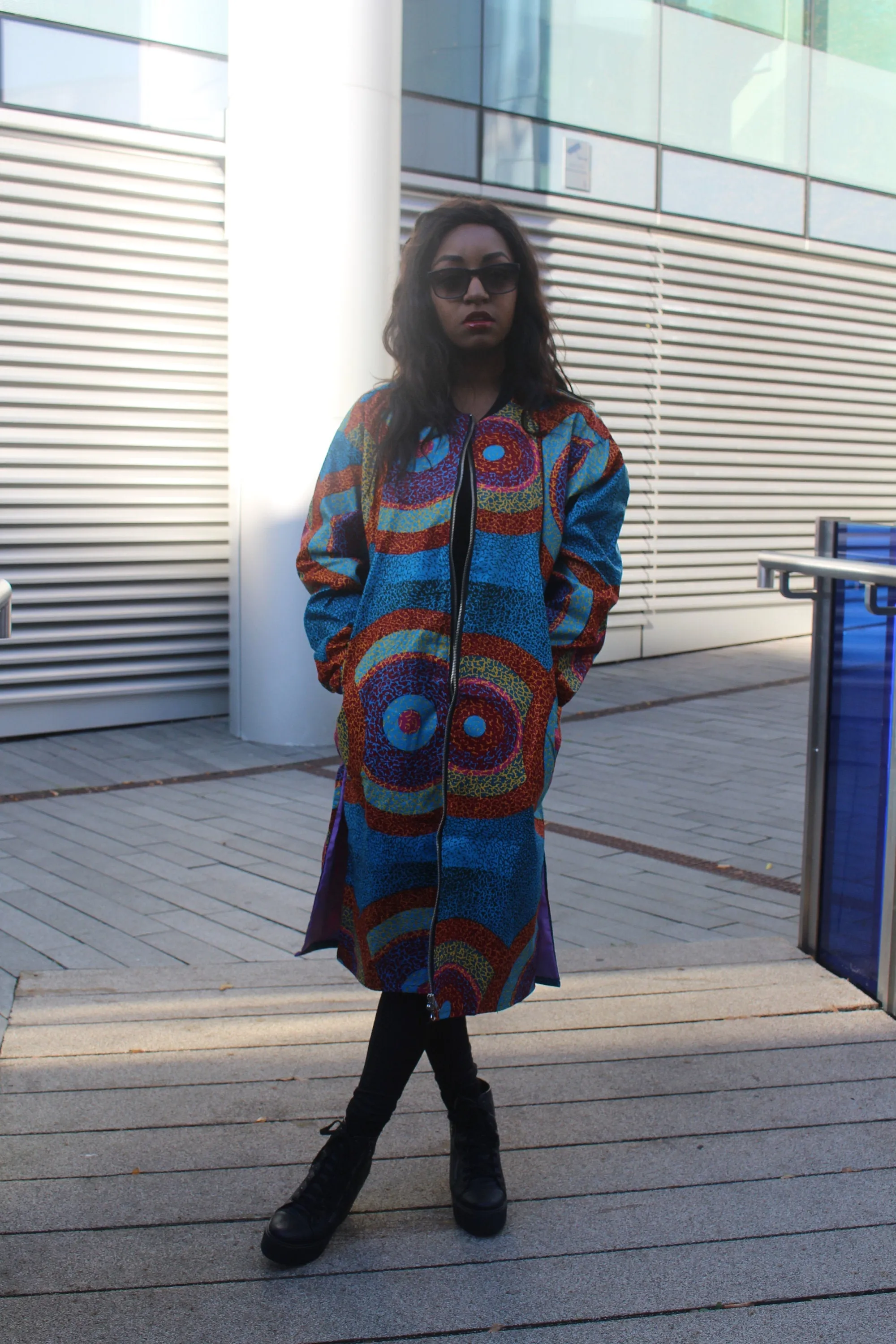 African Trench Coat in Blue Ankara Print - Festival Coat