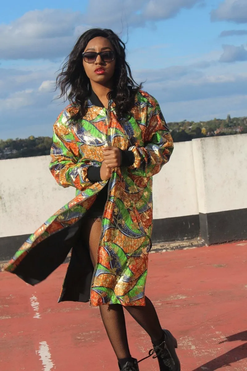 African Trench Coat in Gold Green Ankara Print