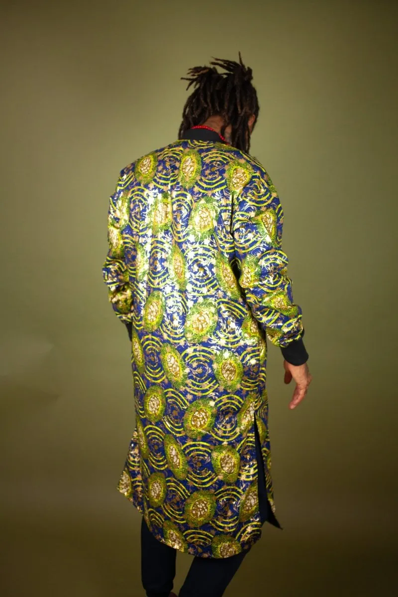 African Winter Coat In Metallic Blue Gold