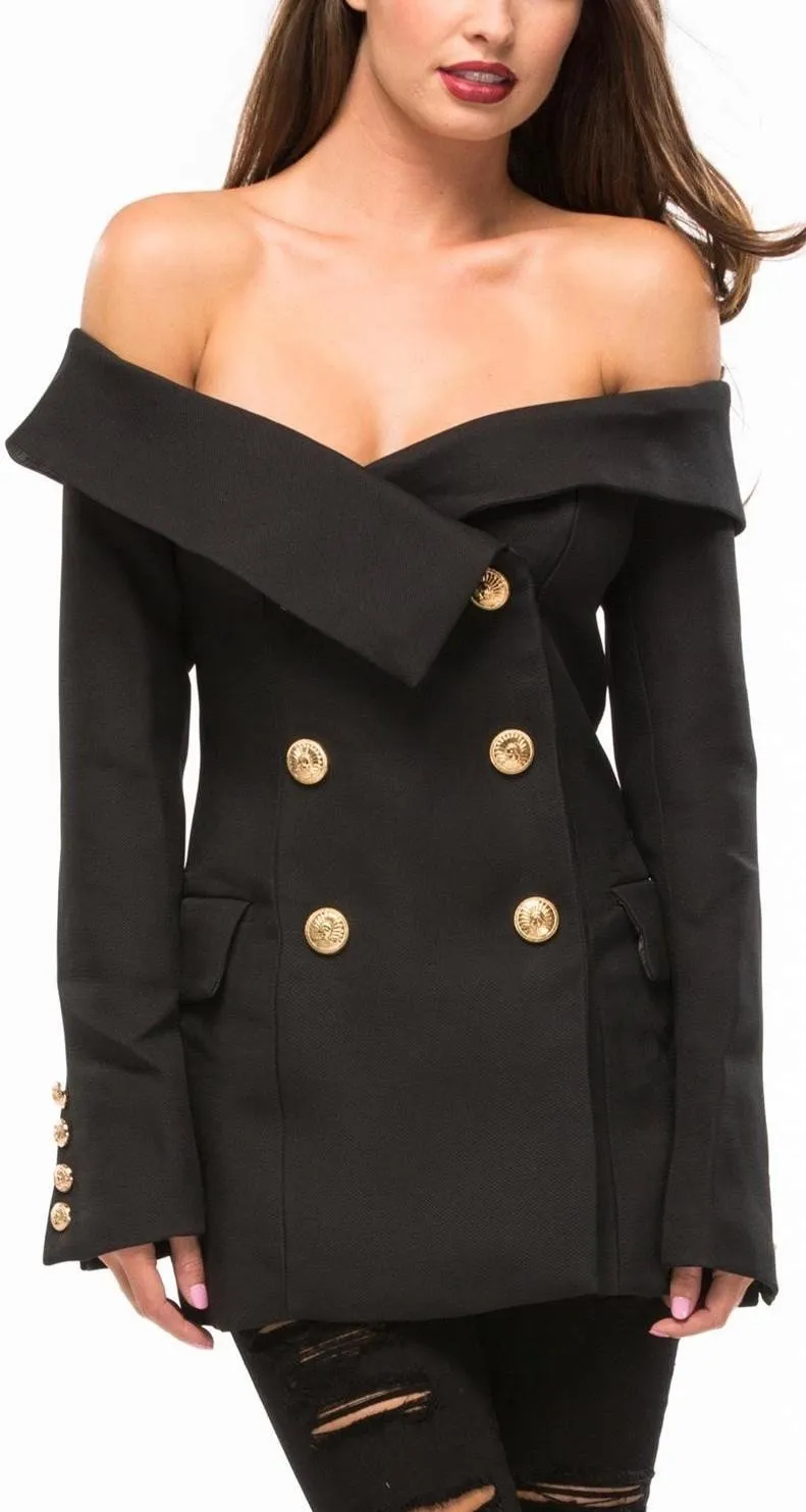 'All that Admiration' Off-Shoulder Blazer in Black