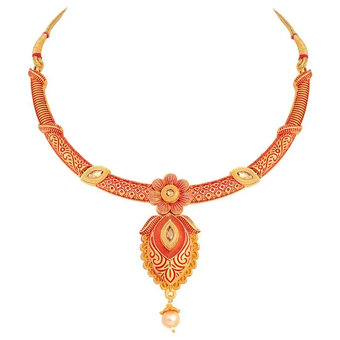 Alloy Choker Necklace Set with Earrings and Maang Tikka in Red