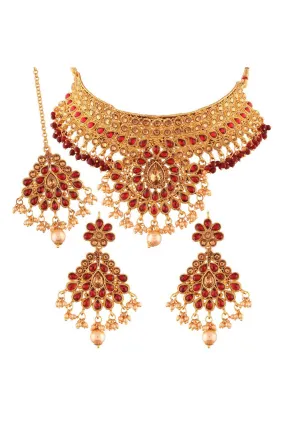 Alloy Choker Necklace Set with Maang Tikka in Red