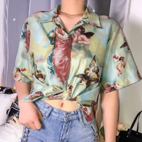 Angel Print Cute Long Vintage Plus Size Korean Fashion Blouse