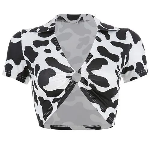 Animal Print Kawaii Cropped Feminino Tshirt Women Korean Style V-Neck Cow T-Shirts Short Sleeve Hollow Sexy Summer Tops