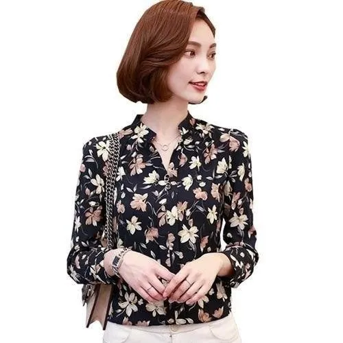 Arrow Printed Long Sleeved Women’s Striped and Plaid Chiffon Blouse