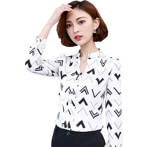 Arrow Printed Long Sleeved Women’s Striped and Plaid Chiffon Blouse