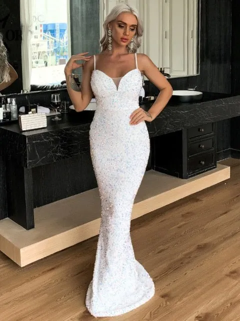 Ashore Boutique Summer Sexy Deep V Neck Sequins Wedding Party Long Dress