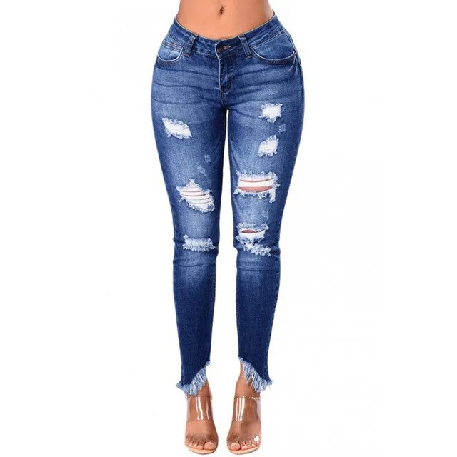 Asymmetrical Tassel High Waist Skinny Ripped Jeans With Pockets for Women