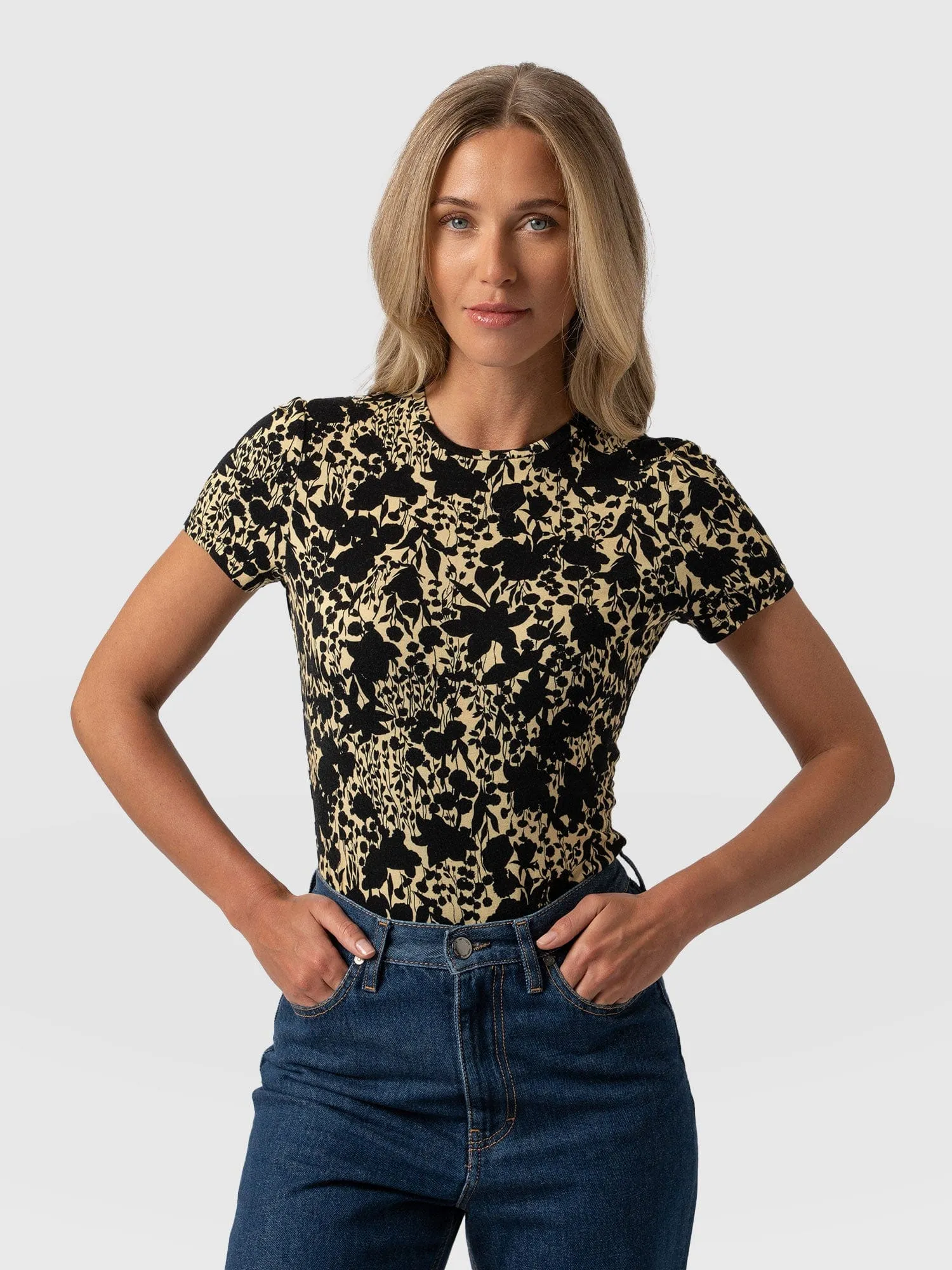 Austen Crew Neck Tee Short Sleeve - Yellow Black Floral