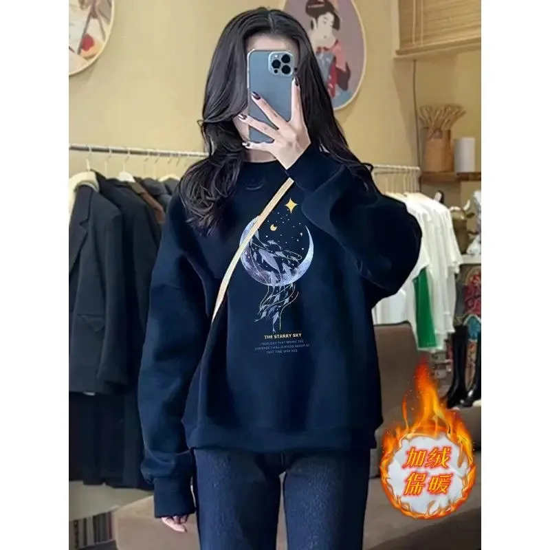 Autumn and Winter Women's Crew Neck Long Sleeves Printing Loose Pullovers Korean Hoodies Fashion Casual All Match Tops