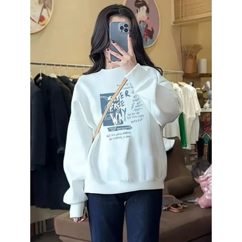 Autumn and Winter Women's Crew Neck Long Sleeves Printing Loose Pullovers Korean Hoodies Fashion Casual All Match Tops