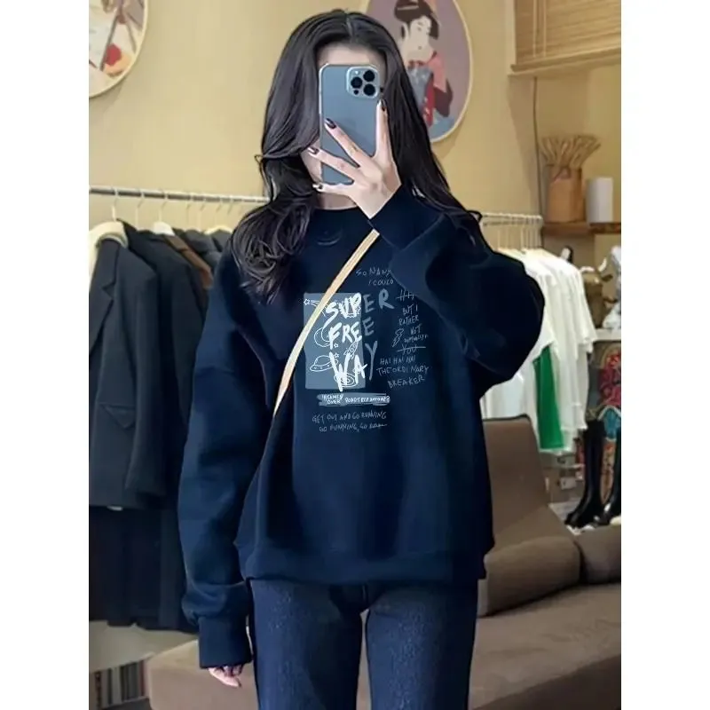 Autumn and Winter Women's Crew Neck Long Sleeves Printing Loose Pullovers Korean Hoodies Fashion Casual All Match Tops