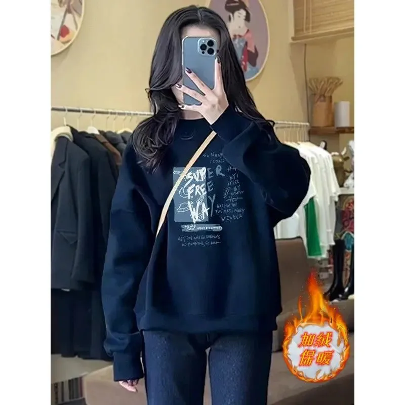 Autumn and Winter Women's Crew Neck Long Sleeves Printing Loose Pullovers Korean Hoodies Fashion Casual All Match Tops