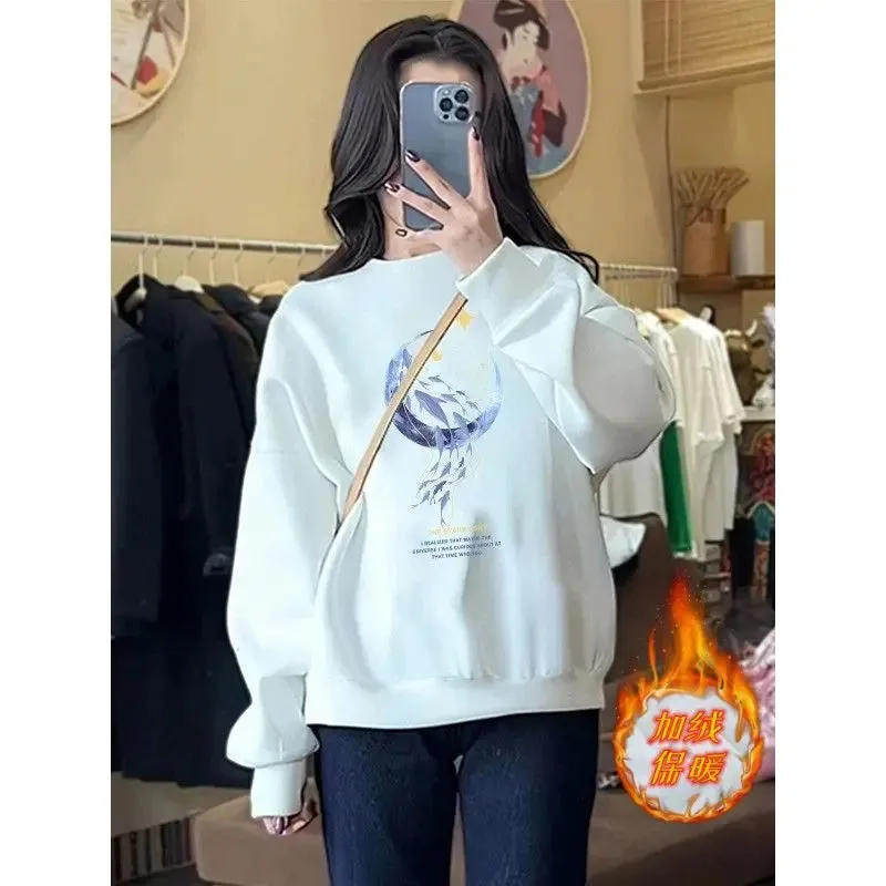 Autumn and Winter Women's Crew Neck Long Sleeves Printing Loose Pullovers Korean Hoodies Fashion Casual All Match Tops