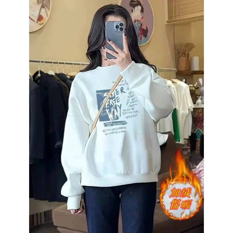 Autumn and Winter Women's Crew Neck Long Sleeves Printing Loose Pullovers Korean Hoodies Fashion Casual All Match Tops